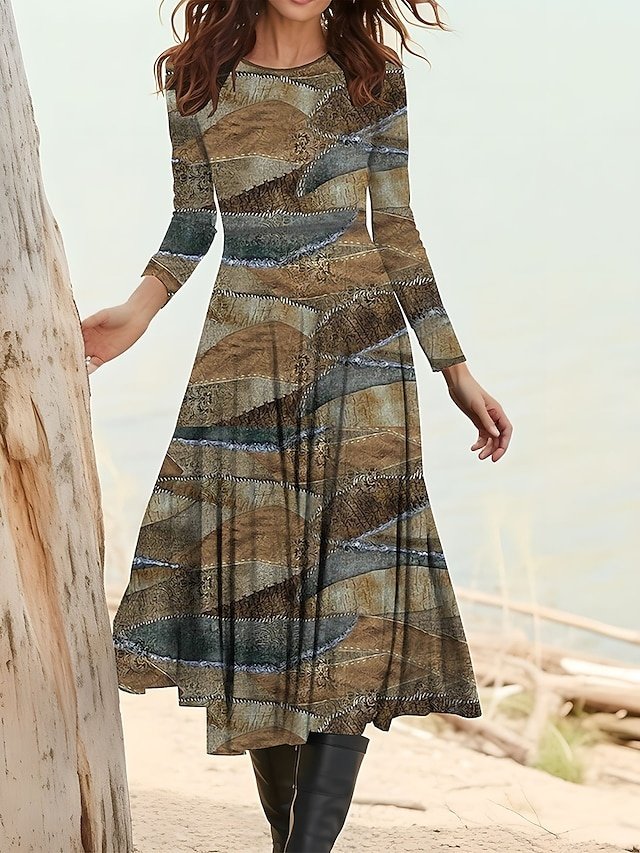 Ethnic Loose Graphic Crew Neck Long Sleeve Midi Dress - Image 1