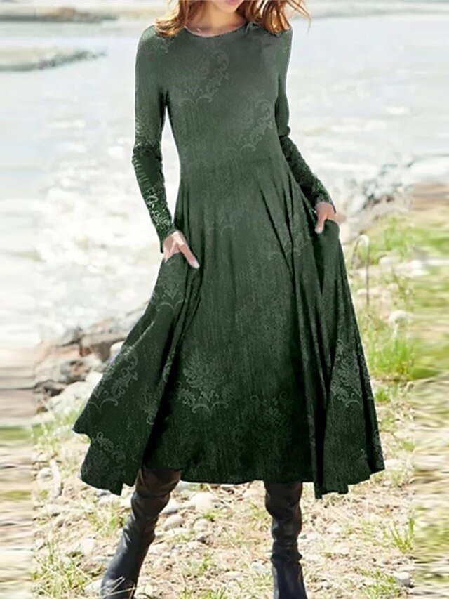 Ethnic Regular Fit Gradient Round Neck Long Sleeve Midi Dress - Image 1