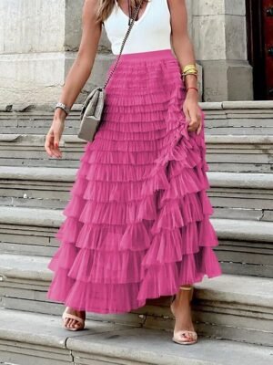 Fashion A-Line Solid High Waist Ruffle Layered Maxi Skirt - Image 2