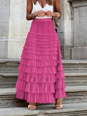 Fashion A-Line Solid High Waist Ruffle Layered Maxi Skirt - Image 3