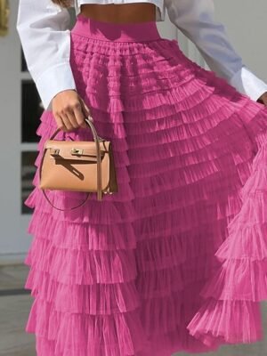 Fashion A-Line Solid High Waist Ruffle Layered Maxi Skirt - Image 5