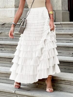 Fashion A-Line Solid High Waist Ruffle Layered Maxi Skirt - Image 6