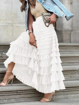 Fashion A-Line Solid High Waist Ruffle Layered Maxi Skirt - Image 8