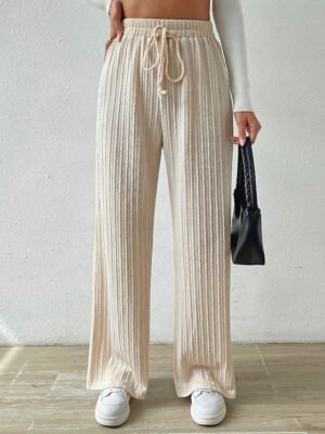 Fashion Casual Plain High Waist Full Length Linen Trousers - Image 1