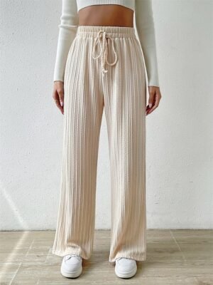 Fashion Casual Plain High Waist Full Length Linen Trousers - Image 3