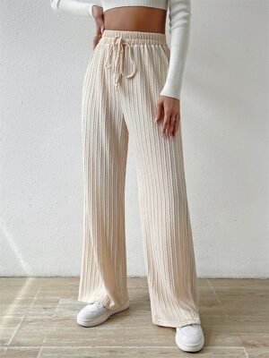 Fashion Casual Plain High Waist Full Length Linen Trousers - Image 4