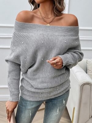 Fashion Casual Solid Off Shoulder Long Sleeve Regular Knit Top - Image 1