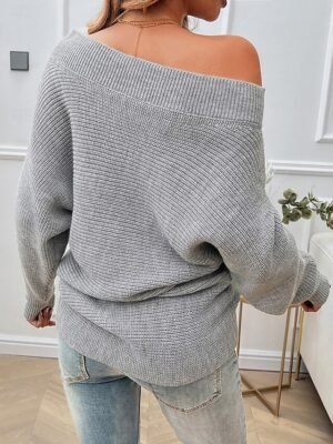 Fashion Casual Solid Off Shoulder Long Sleeve Regular Knit Top - Image 3