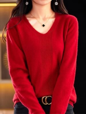 Fashion Casual Solid V Neck Long Sleeve Pullover Jumper - Image 1