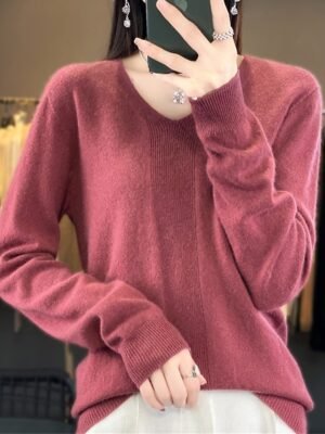 Fashion Casual Solid V Neck Long Sleeve Pullover Jumper - Image 10