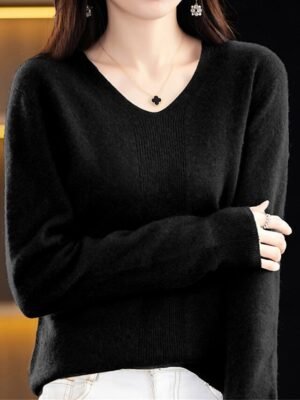 Fashion Casual Solid V Neck Long Sleeve Pullover Jumper - Image 11