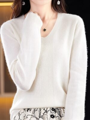 Fashion Casual Solid V Neck Long Sleeve Pullover Jumper - Image 12