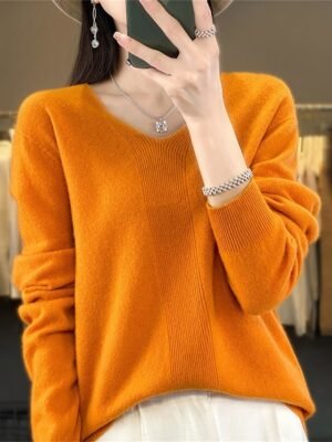 Fashion Casual Solid V Neck Long Sleeve Pullover Jumper - Image 15