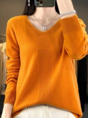 Fashion Casual Solid V Neck Long Sleeve Pullover Jumper - Image 16