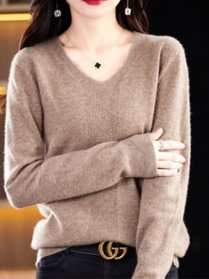 Fashion Casual Solid V Neck Long Sleeve Pullover Jumper - Image 2