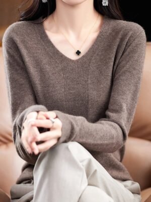 Fashion Casual Solid V Neck Long Sleeve Pullover Jumper - Image 20