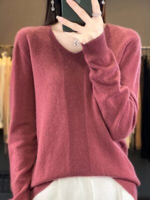 Fashion Casual Solid V Neck Long Sleeve Pullover Jumper - Image 21