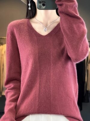 Fashion Casual Solid V Neck Long Sleeve Pullover Jumper - Image 22