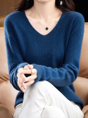 Fashion Casual Solid V Neck Long Sleeve Pullover Jumper - Image 23