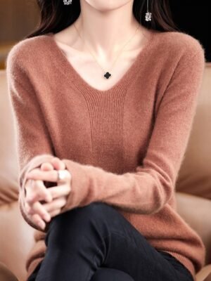 Fashion Casual Solid V Neck Long Sleeve Pullover Jumper - Image 3