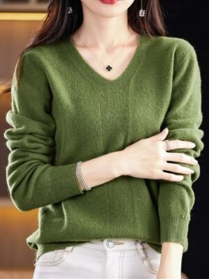 Fashion Casual Solid V Neck Long Sleeve Pullover Jumper - Image 6