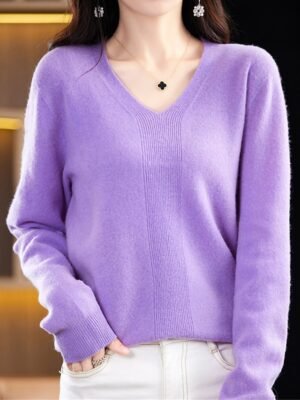 Fashion Casual Solid V Neck Long Sleeve Pullover Jumper - Image 7