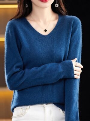 Fashion Casual Solid V Neck Long Sleeve Pullover Jumper - Image 9