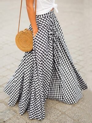 Fashion Coastal Grandma Style Plaid Pocket Maxi Skirt - Image 1
