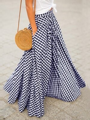 Fashion Coastal Grandma Style Plaid Pocket Maxi Skirt - Image 2