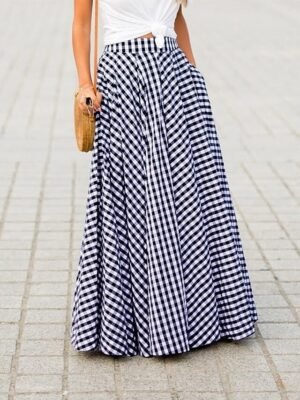Fashion Coastal Grandma Style Plaid Pocket Maxi Skirt - Image 4