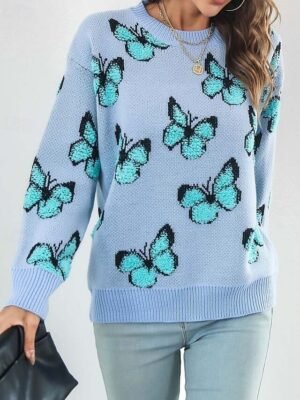 Fashion Cute Graphic Print Crew Neck Long Sleeve Regular Knit Top - Image 1