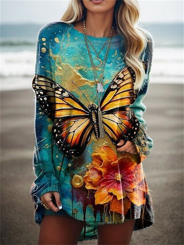 Fashion Loose Butterfly Print Round Neck Long Sleeve Top - Image 1