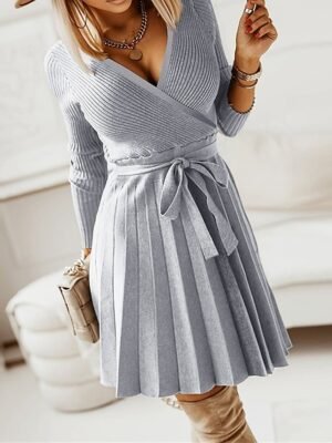 Fashion Loose Fit Plain Surplice Neck Long Sleeve Mini Sweater Dress - Image 1