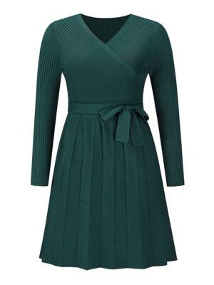 Fashion Loose Fit Plain Surplice Neck Long Sleeve Mini Sweater Dress - Image 11