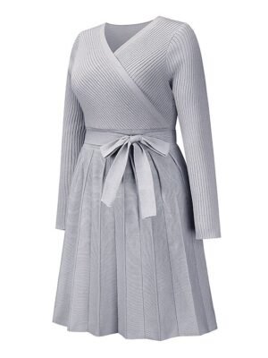 Fashion Loose Fit Plain Surplice Neck Long Sleeve Mini Sweater Dress - Image 6