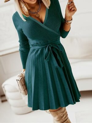 Fashion Loose Fit Plain Surplice Neck Long Sleeve Mini Sweater Dress - Image 8