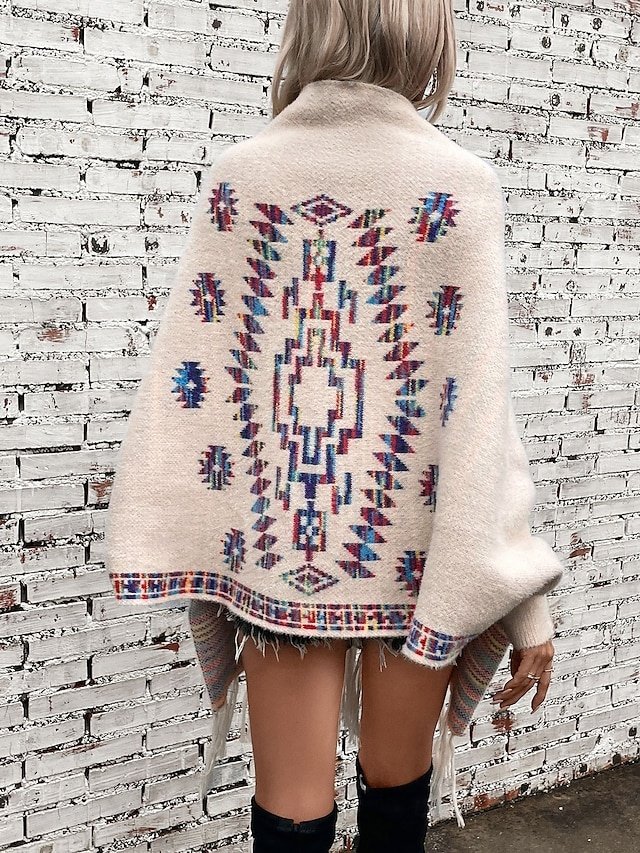 Fashion Loose Geometric Open Front Long Sleeve Long Knit Cardigan - Image 2