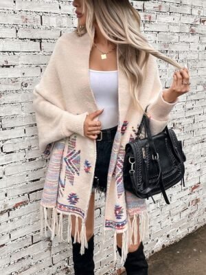 Fashion Loose Geometric Open Front Long Sleeve Long Knit Cardigan - Image 4