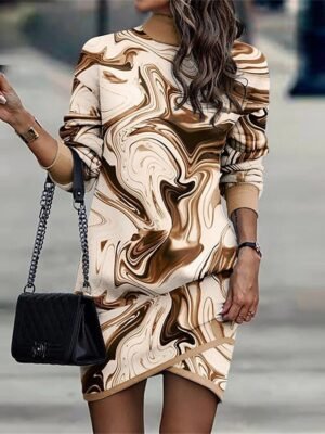 Fashion Loose Leopard Floral Stand Collar Long Sleeve Mini Dress - Image 5