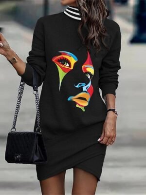 Fashion Loose Leopard Floral Stand Collar Long Sleeve Mini Dress - Image 7