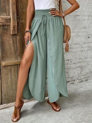 Fashion Loose Plain Drawstring Wide Leg Long Trousers - Image 2