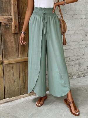 Fashion Loose Plain Drawstring Wide Leg Long Trousers - Image 3