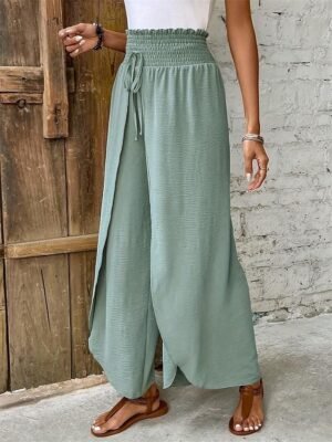 Fashion Loose Plain Drawstring Wide Leg Long Trousers - Image 4
