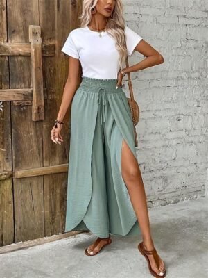 Fashion Loose Plain Drawstring Wide Leg Long Trousers - Image 5