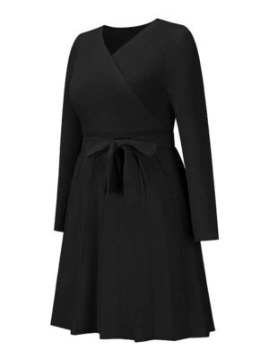 Fashion Loose Plain Surplice Neck Long Sleeve Mini Jumper Dress - Image 18