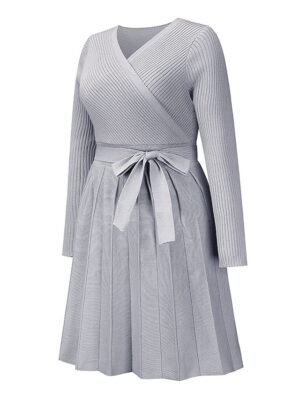 Fashion Loose Plain Surplice Neck Long Sleeve Mini Jumper Dress - Image 6