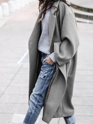 Fashion Oversized Solid Lapel Long Sleeve Long Pea Coat - Image 1