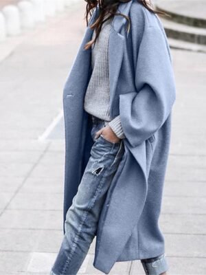 Fashion Oversized Solid Lapel Long Sleeve Long Pea Coat - Image 2