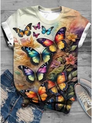 Fashion Regular Butterfly Print Round Neck Short Sleeve Tops - Image 1