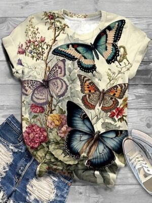 Fashion Regular Butterfly Print Round Neck Short Sleeve Tops - Image 2